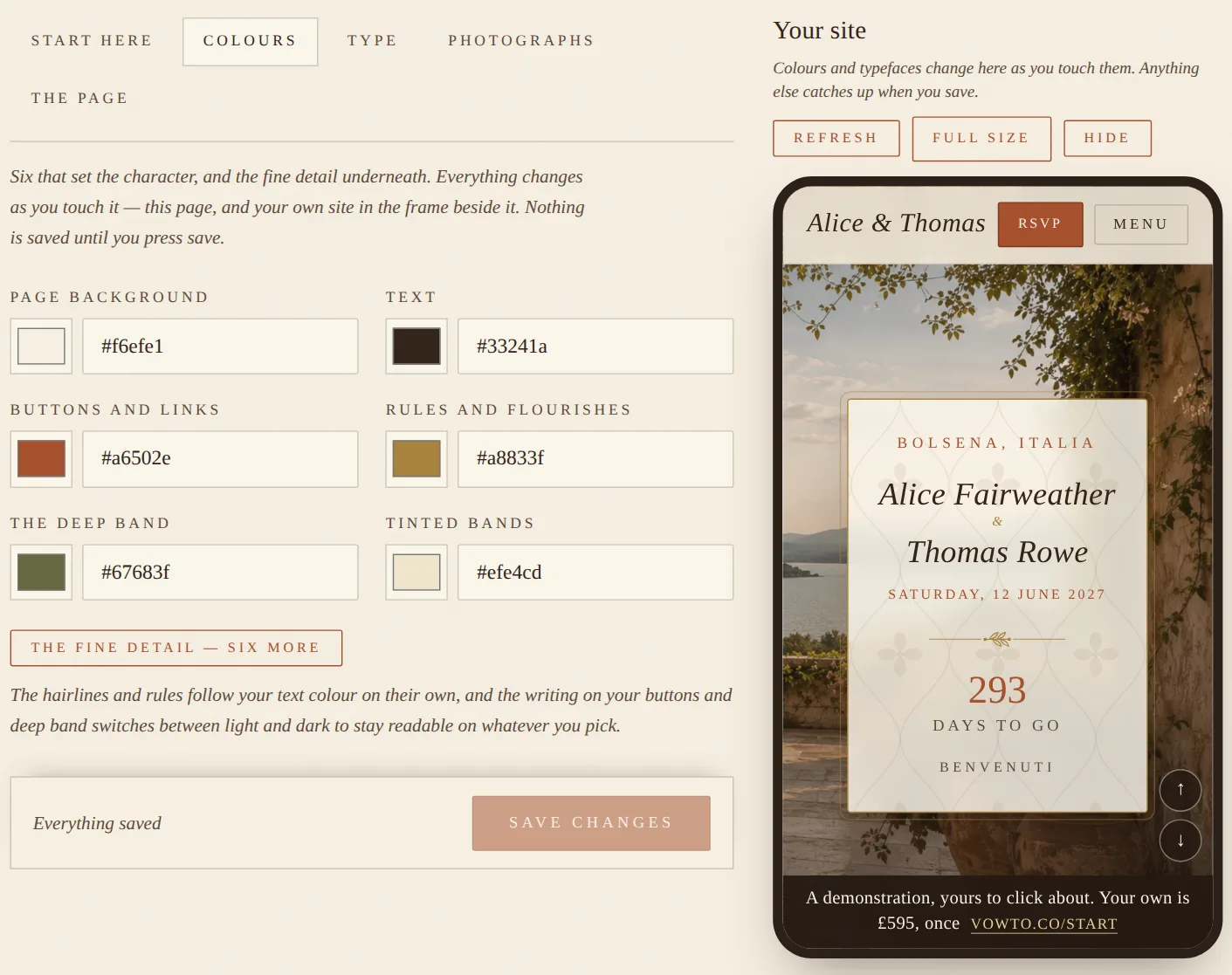 The Look tab's colour controls, with a live phone preview of the wedding site updating beside them
