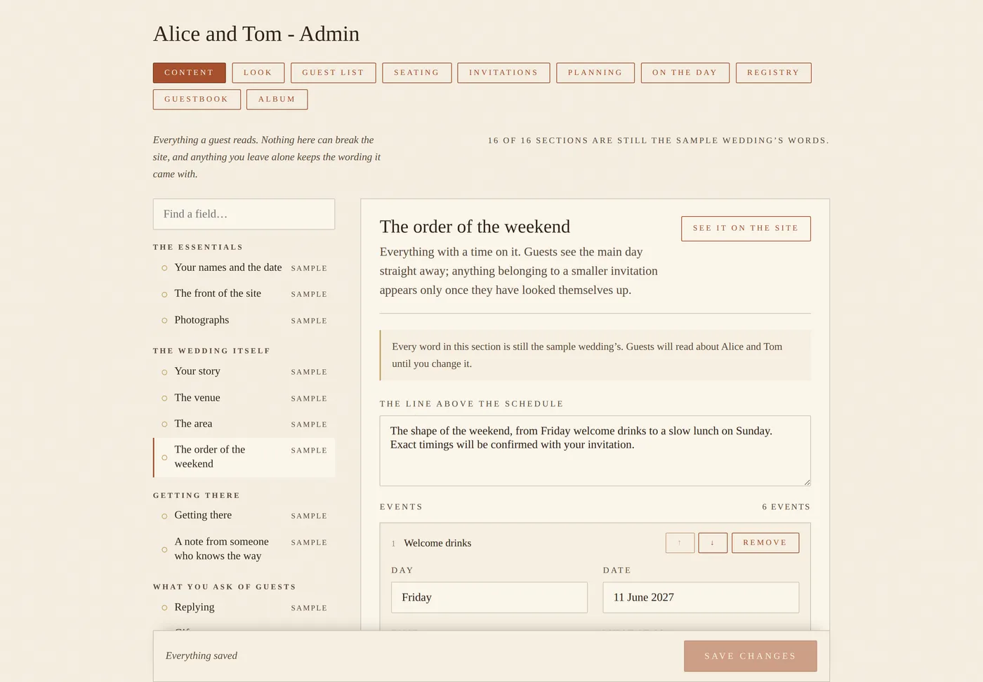 The Content tab: sections of the site listed down the side, with a form for editing the words