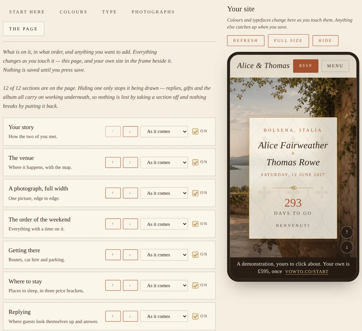 The page builder: every section of the site listed with reorder arrows and on-off switches, next to a live phone preview