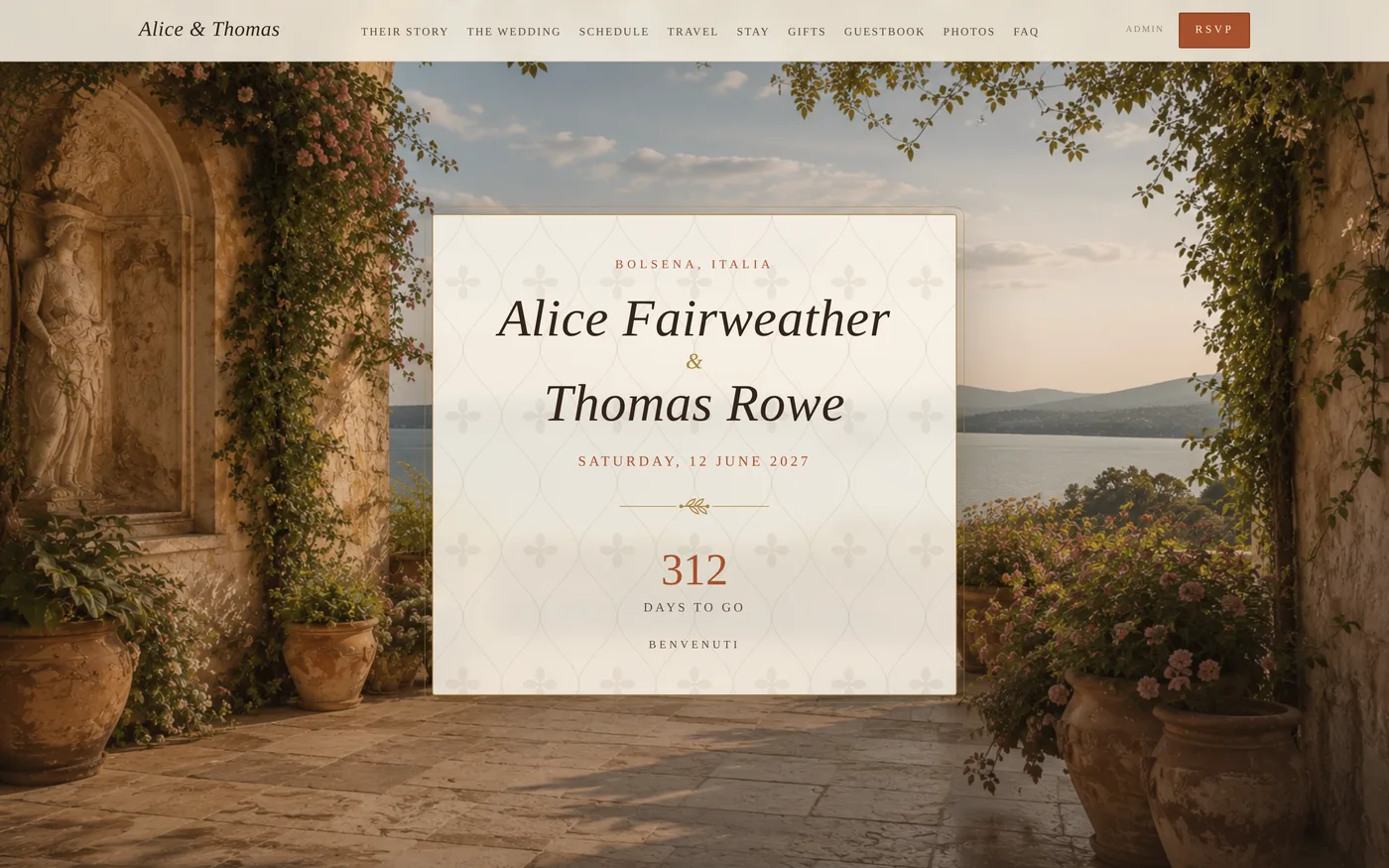 A wedding website: the couple's names and the date over a photograph of a terrace above a lake